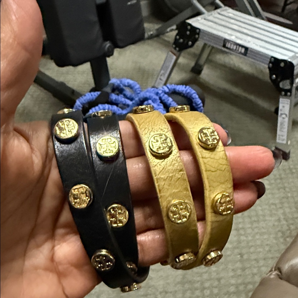 Tory Burch Black and Gold Leather Wrap Bracelets